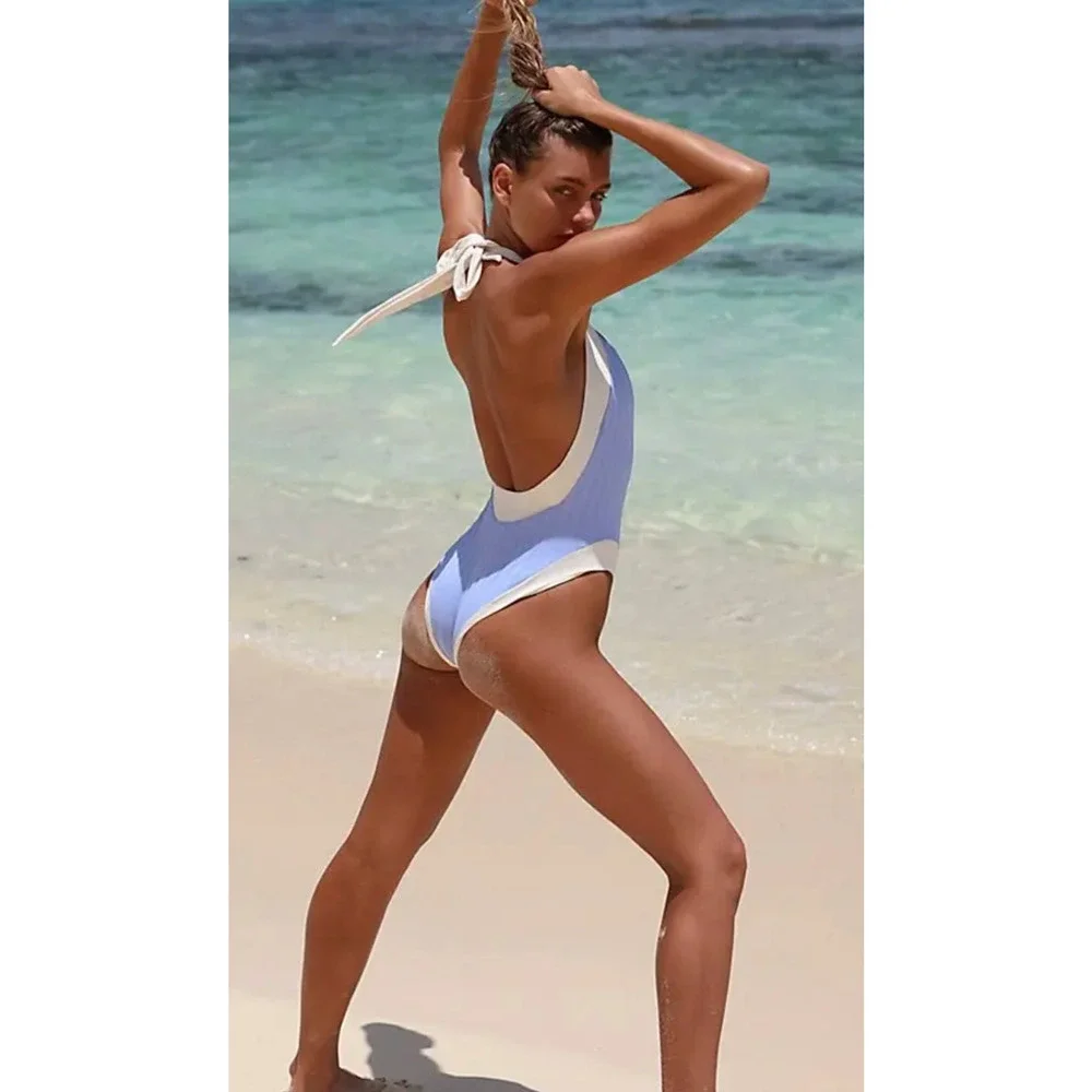 NEW KYA FREE PEOPLE PERIWINKLE VANILLA RIBBED ROSIE ONE PIECE SWIMSUIT SZ M